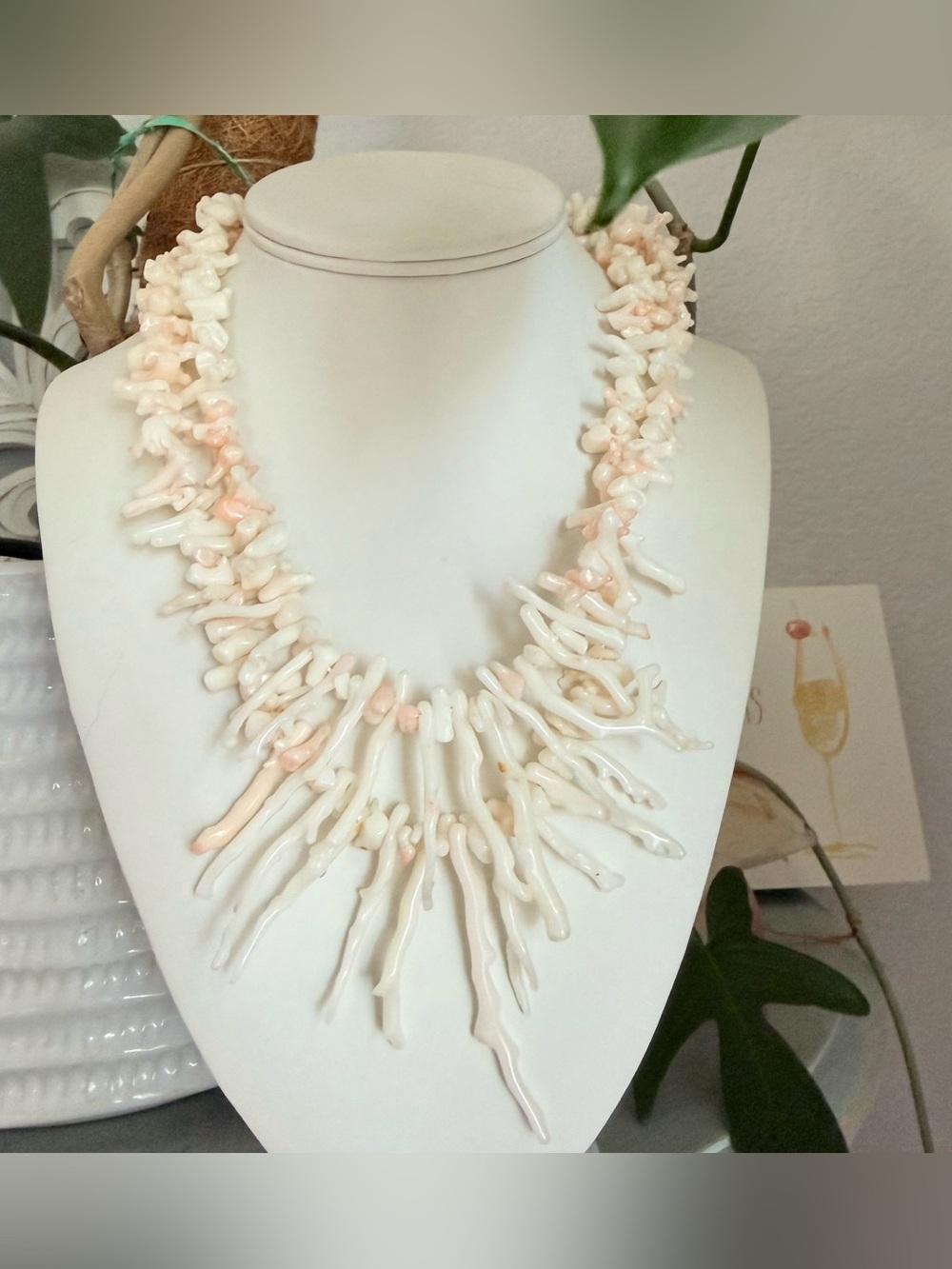 925 Sterling Silver Native Handcrafted White & Pale Pink Coral Branch Necklace